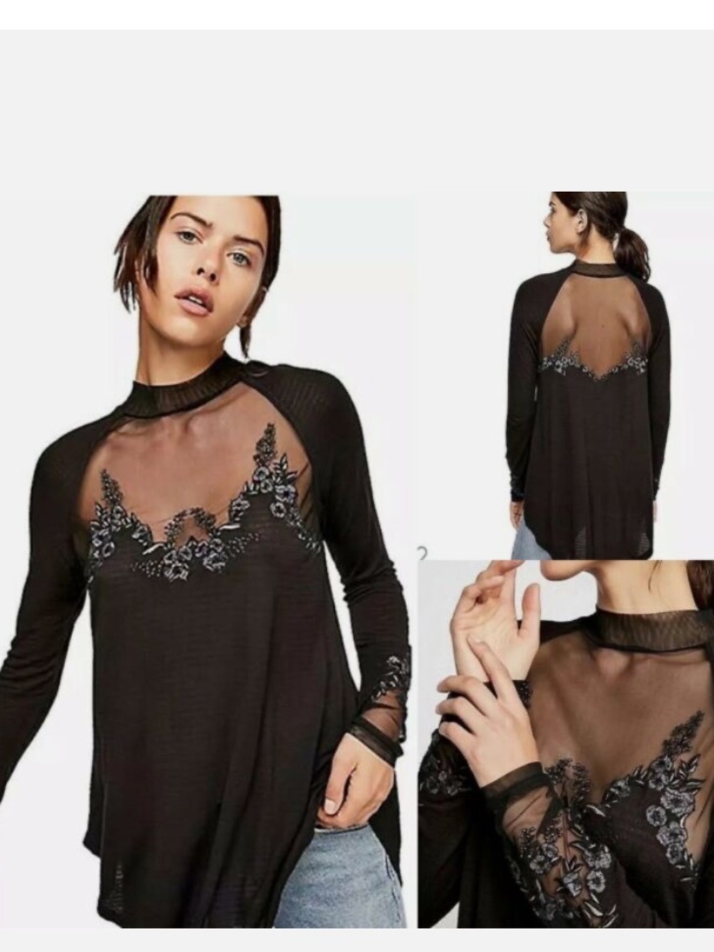 Free People Saheli Embroidered Mesh Top Black